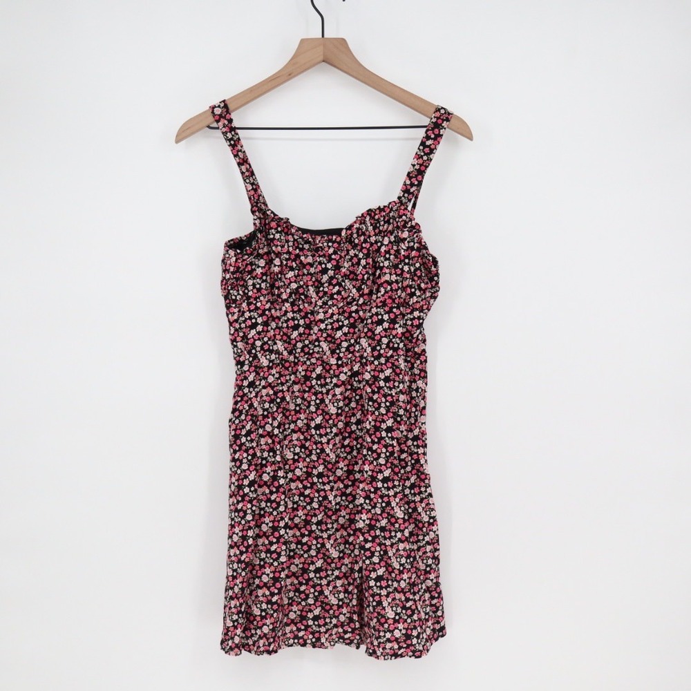 ROW A Floral Print Smocked Bodice Mini Dress Women's Size‎ M Pink Black - Picture 2 of 6